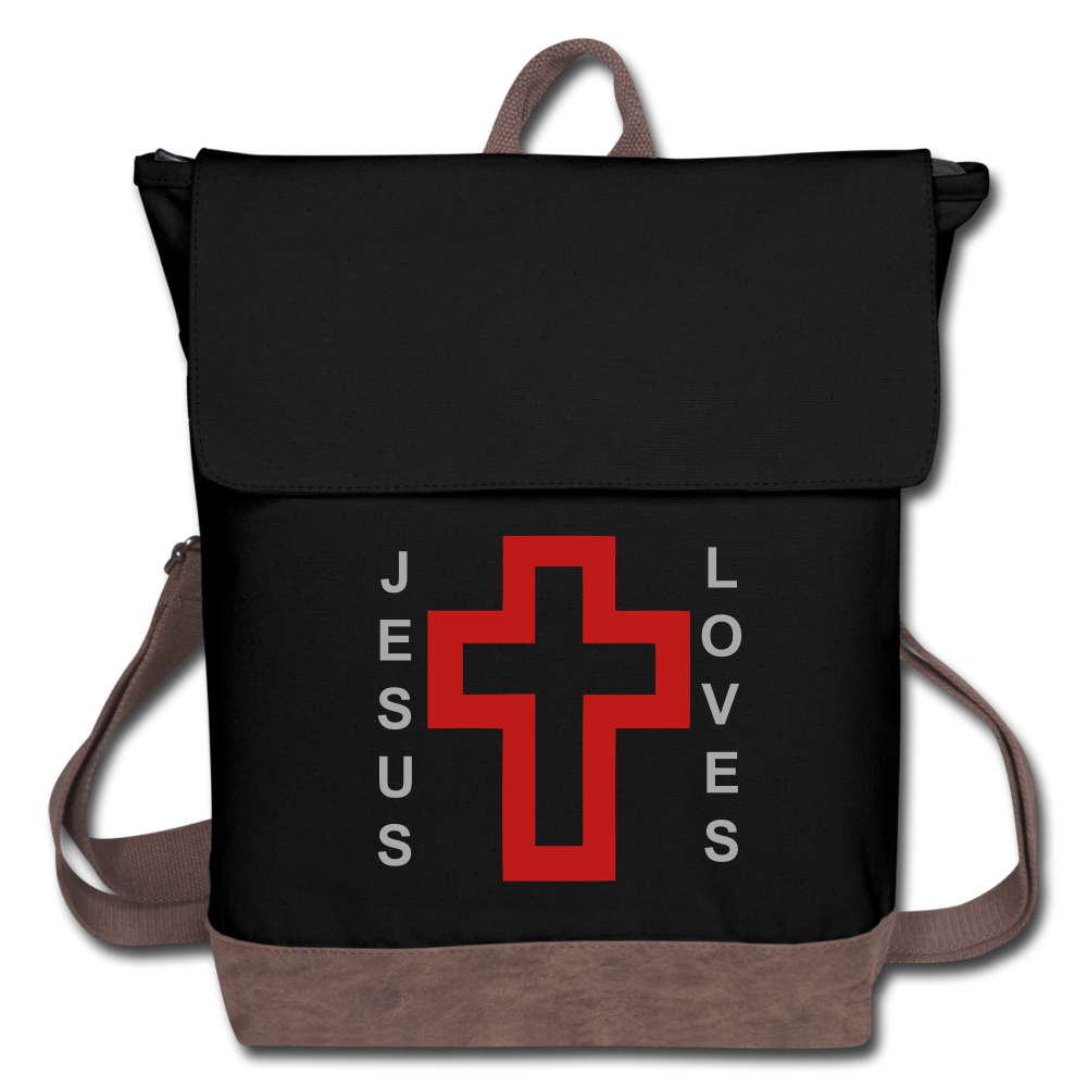 Jesus Loves Canvas Backpack - black/brown